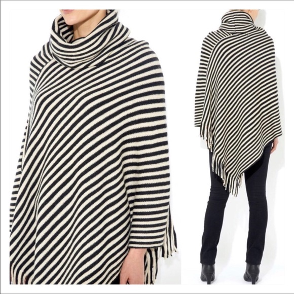 ✨One Left✨ Black & Cream Striped Fringe Poncho, OS - Picture 2 of 8
